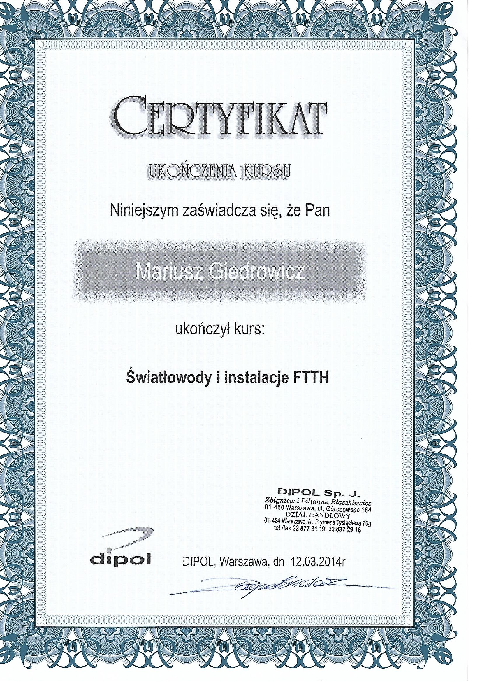 Certyfikat - światłowody i instalacje FTTH